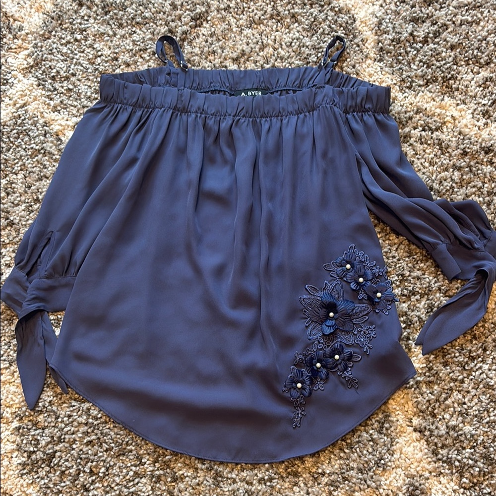 Blue off the shoulder dress shirt